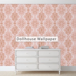 Victorian antique pink damask peel and stick dollhouse wallpaper
