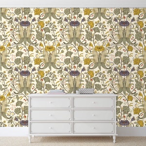 Antique Victorian botanical blue and yellow dollhouse peel and stick wallpaper