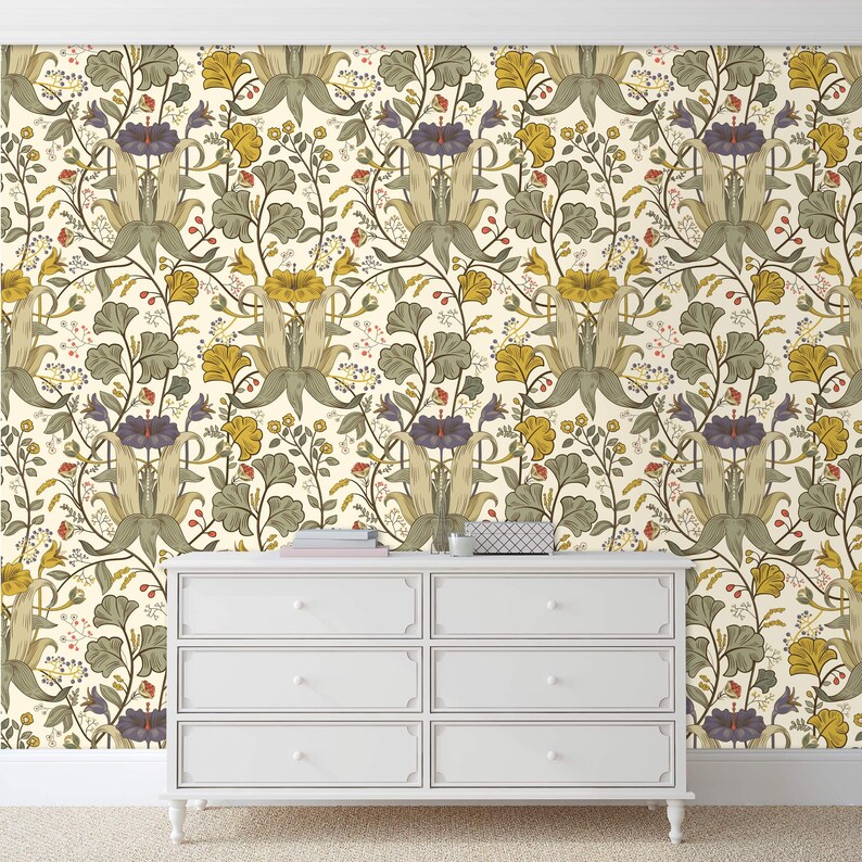 Antique Victorian botanical blue and yellow dollhouse peel and stick wallpaper