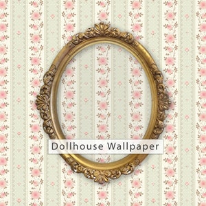 May include: A gold-framed oval mirror with a delicate floral wallpaper pattern featuring pink roses and green vines. The wallpaper has a white background with a subtle polka dot pattern. The text "Dollhouse Wallpaper" is printed below the mirror.