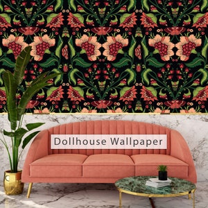 May include: A pink sofa with a floral patterned wallpaper behind it. The sofa has three seats and a text overlay that says "Dollhouse Wallpaper".