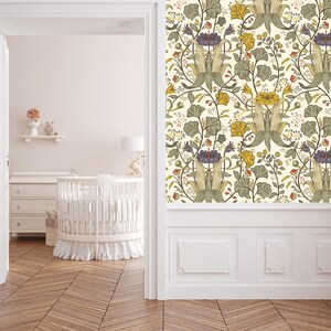Antique Victorian botanical blue and yellow dollhouse peel and stick wallpaper