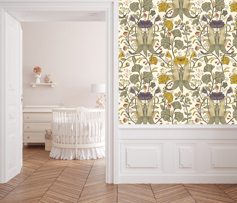 Antique Victorian botanical blue and yellow dollhouse peel and stick wallpaper