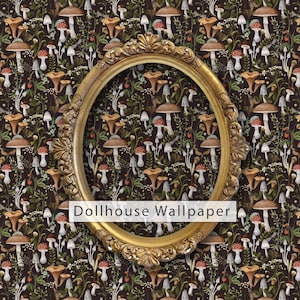 Dark botanical mushroom fabric peel and stick dollhouse wallpaper with gold mirror on wall