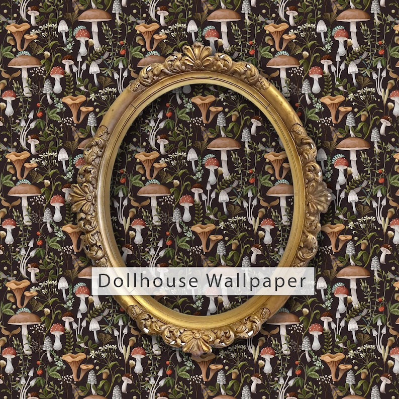 Dark botanical mushroom fabric peel and stick dollhouse wallpaper with gold mirror on wall