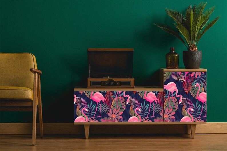 Vintage retro 80s flamingo fabric peel and stick dollhouse wallpaper