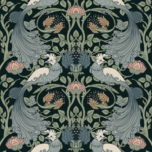May include: A seamless pattern featuring stylized peacocks with long, flowing tails in shades of blue and green. The peacocks are surrounded by intricate floral designs in shades of pink, orange, and green against a dark background.
