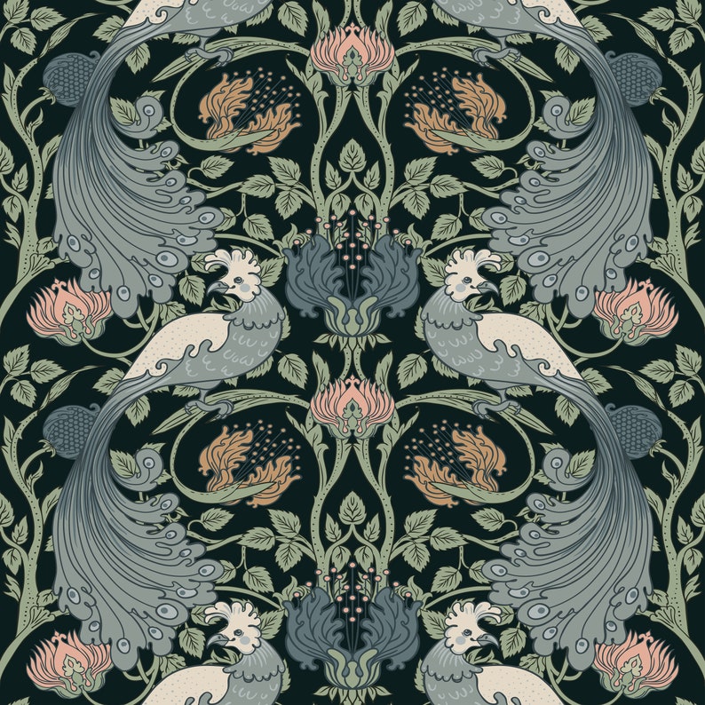 May include: A seamless pattern featuring stylized peacocks with long, flowing tails in shades of blue and green. The peacocks are surrounded by intricate floral designs in shades of pink, orange, and green against a dark background.