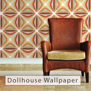 May include: A brown leather armchair sits in front of a wall covered in a retro wallpaper with a repeating pattern of multi-colored flower shapes. The wallpaper has a white background with yellow, orange, red, brown, and green flower shapes.