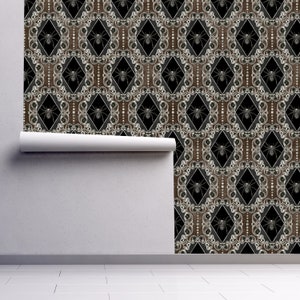 Victorian gothic spider black peel and stick dollhouse wallpaper partially rolled down wall