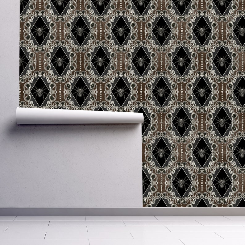 Victorian gothic spider black peel and stick dollhouse wallpaper partially rolled down wall