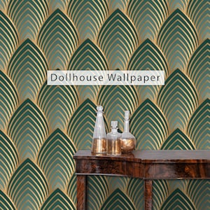 Dollhouse Wallpaper, Art Deco Wallpaper, Green and Gold Antique Dollhouse, Geometric Wallpaper, Peel and Stick Wallpaper, Fabric Wallpaper