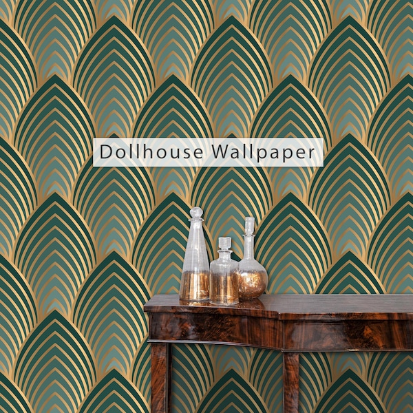 Dollhouse Wallpaper, Art Deco Wallpaper, Green and Gold Antique Dollhouse, Geometric Wallpaper, Peel and Stick Wallpaper, Fabric Wallpaper