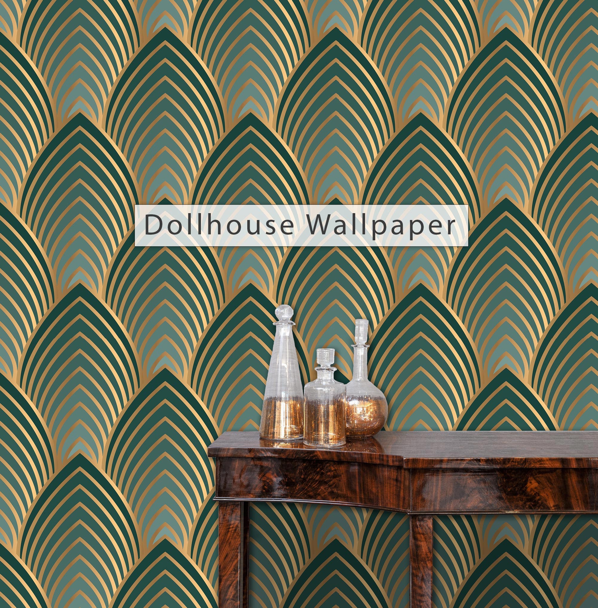 Art Deco Dark Green Wallpaper Fans Peel and Stick Removable or Traditional  Wall Paper Mid Century Custom Size 
