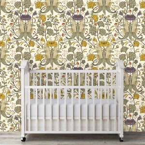 Antique Victorian botanical blue and yellow dollhouse peel and stick wallpaper