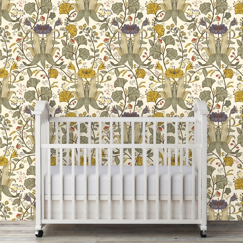 Antique Victorian botanical blue and yellow dollhouse peel and stick wallpaper
