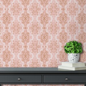 Victorian antique pink damask peel and stick dollhouse wallpaper