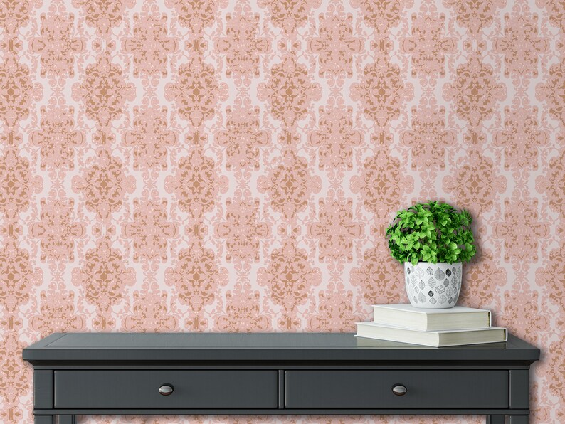 Victorian antique pink damask peel and stick dollhouse wallpaper