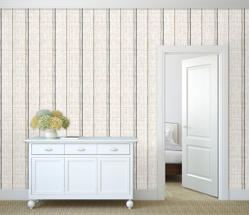 Linen striped farmhouse cottage fabric blend peel and stick dollhouse wallpaper with chest and flowers