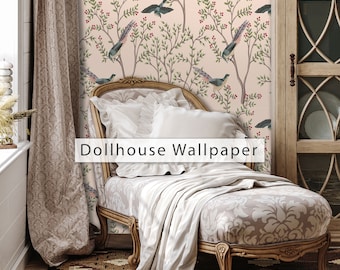 Dollhouse Wallpaper, Chinoiserie Wallpaper, Antique Dollhouse, Peel and Stick Wallpaper, Pink Bird Wallpaper, Fabric Wallpaper