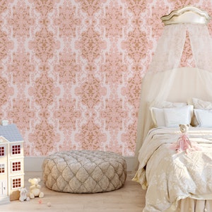 Victorian antique pink damask peel and stick dollhouse wallpaper