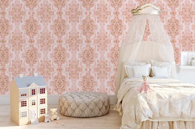 Victorian antique pink damask peel and stick dollhouse wallpaper
