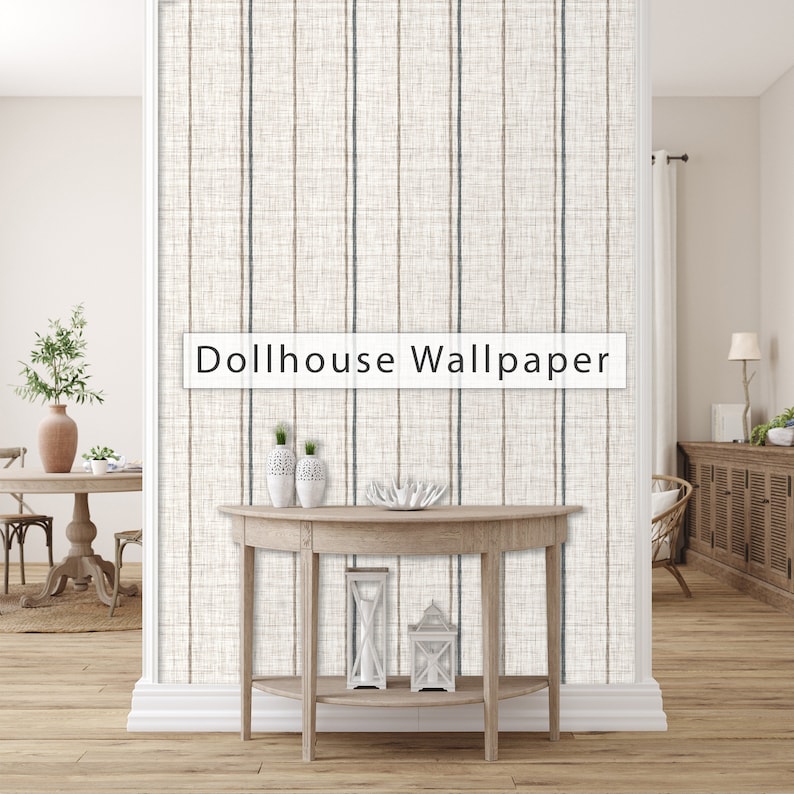 Linen striped farmhouse cottage fabric blend peel and stick dollhouse wallpaper with small table and vases