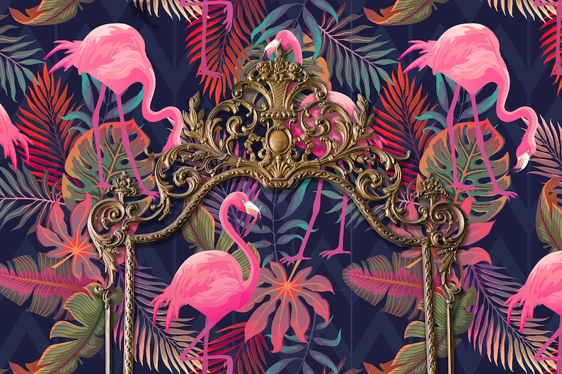 Vintage retro 80s flamingo fabric peel and stick dollhouse wallpaper