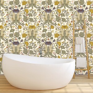 Antique Victorian botanical blue and yellow dollhouse peel and stick wallpaper