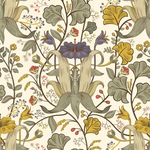 Antique Victorian botanical blue and yellow dollhouse peel and stick wallpaper
