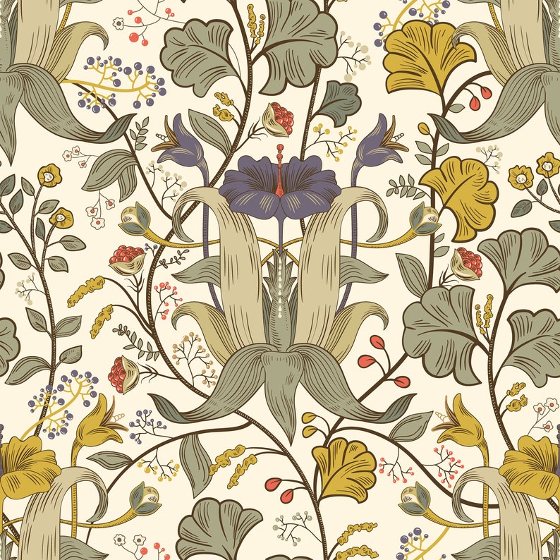 Antique Victorian botanical blue and yellow dollhouse peel and stick wallpaper