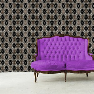 Victorian gothic spider peel and stick dollhouse wallpaper with vintage purple sofa