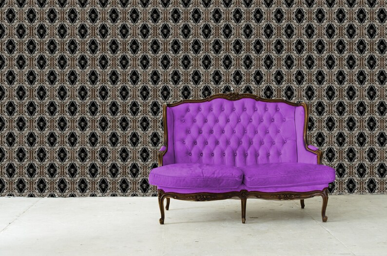 Victorian gothic spider peel and stick dollhouse wallpaper with vintage purple sofa