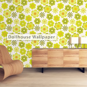May include: A dollhouse wallpaper with a retro floral pattern in shades of green and yellow. The wallpaper features a repeating pattern of stylized flowers with a white background.