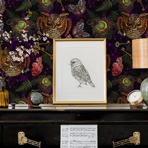 May include: A black and purple wallpaper with a repeating pattern of owls, hearts, keys, and butterflies. The wallpaper is displayed on a black piano with sheet music on top. A framed drawing of a bird is on the piano, and a lamp with a wooden base and a clear glass shade is on the piano.