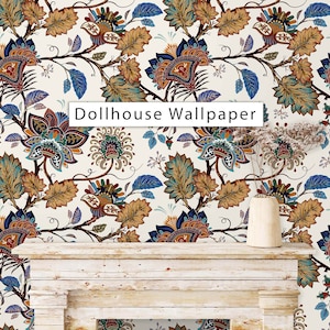 May include: A dollhouse wallpaper with a white background and a floral pattern in shades of blue, brown, orange, and red. The wallpaper features a repeating pattern of stylized flowers and leaves.