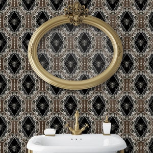 Victorian gothic spider peel and stick dollhouse wallpaper in bathroom with sink and gold mirror