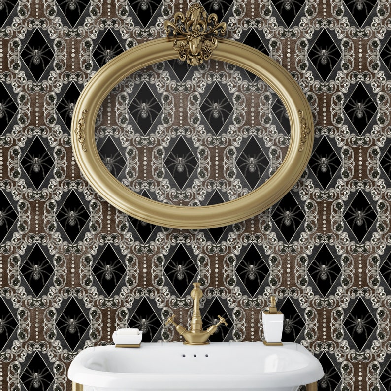 Victorian gothic spider peel and stick dollhouse wallpaper in bathroom with sink and gold mirror