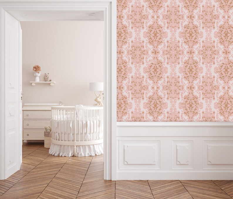 Victorian antique pink damask peel and stick dollhouse wallpaper