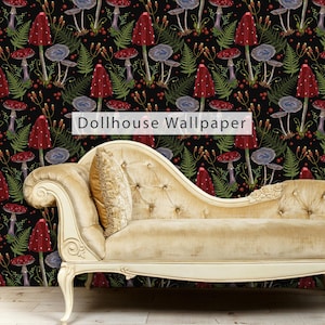 May include: A black and white wallpaper with a repeating pattern of red and purple mushrooms, green ferns, and small red berries. The text "Dollhouse Wallpaper" is printed in white on a black banner.