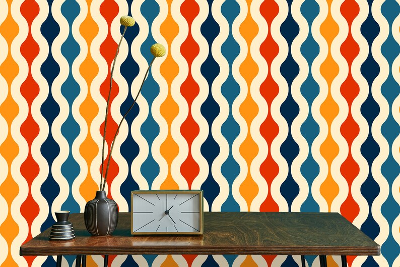 Retro vintage colorful geometric dollhouse fabric peel and stick wallpaper