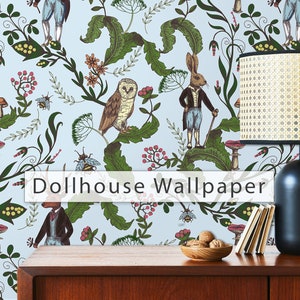May include: A blue and green patterned wallpaper with illustrations of rabbits, owls, and bees. The text "Dollhouse Wallpaper" is printed on the wallpaper.