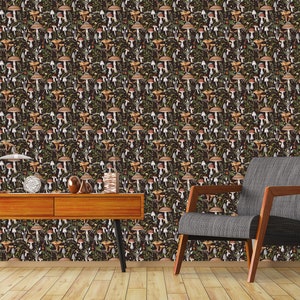 Dark botanical mushroom fabric peel and stick dollhouse wallpaper in room with chair and table