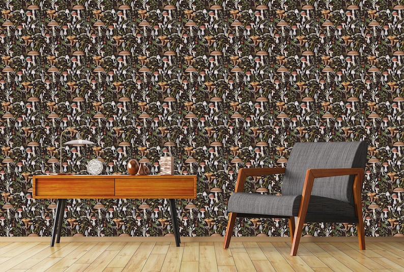 Dark botanical mushroom fabric peel and stick dollhouse wallpaper in room with chair and table