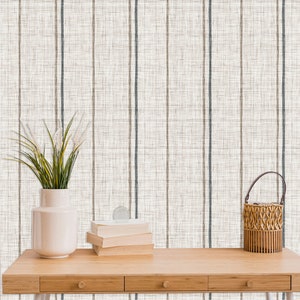 Linen striped farmhouse cottage fabric blend peel and stick dollhouse wallpaper with table, plant and books