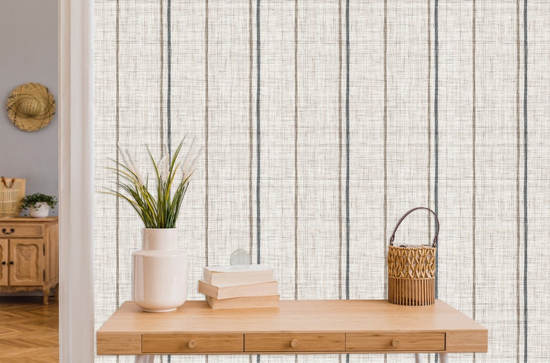 Linen striped farmhouse cottage fabric blend peel and stick dollhouse wallpaper with table, plant and books