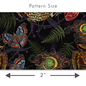May include: A 2-inch by 1-inch digital embroidery pattern featuring a black background with colorful owls, butterflies, ferns, and crescent moons. The pattern is perfect for creating unique and whimsical projects.