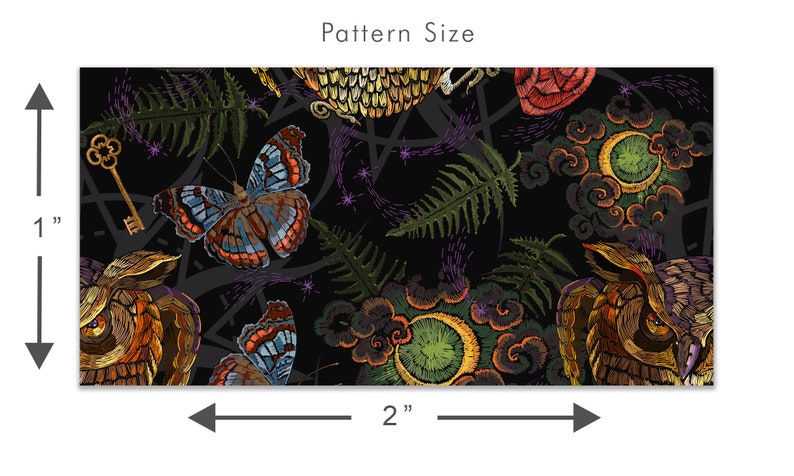 May include: A 2-inch by 1-inch digital embroidery pattern featuring a black background with colorful owls, butterflies, ferns, and crescent moons. The pattern is perfect for creating unique and whimsical projects.