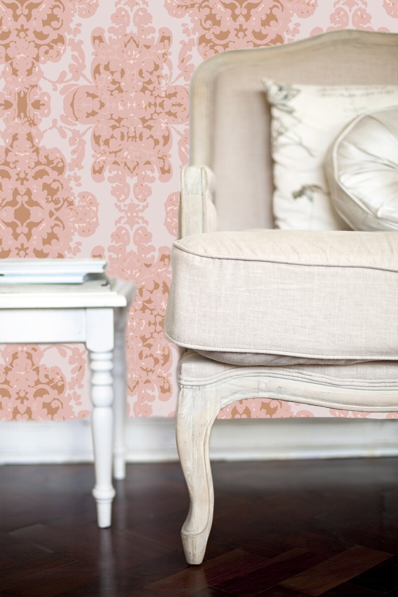 Victorian antique pink damask peel and stick dollhouse wallpaper