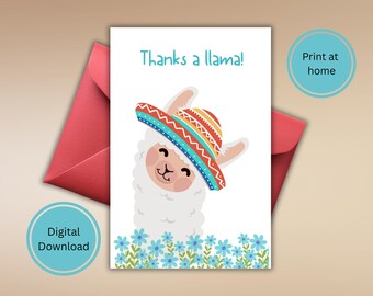 May include: A white greeting card featuring a cartoon llama wearing a colorful striped sombrero with blue, red, and orange patterns. The text "Thanks a llama!" is printed in blue above the llama, which is surrounded by small blue flowers.